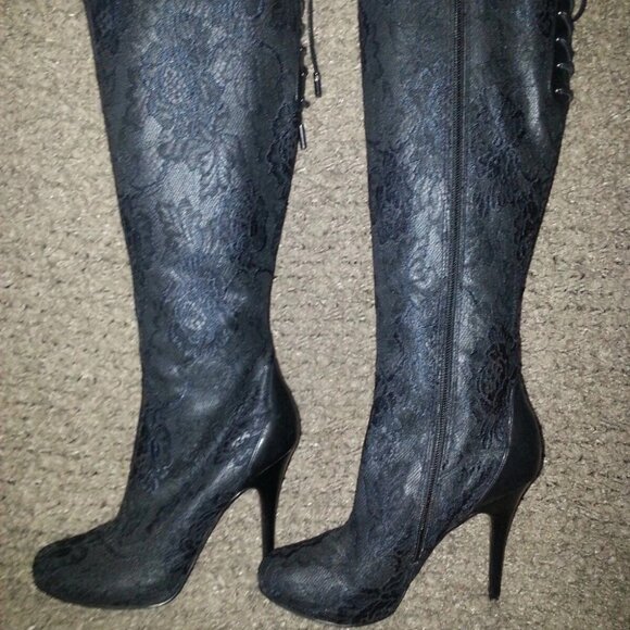 MARCIANO-Black Lace Overlay-Black Leather-Stiletto Boots-Size 5.5-Near Mint - Picture 1 of 7